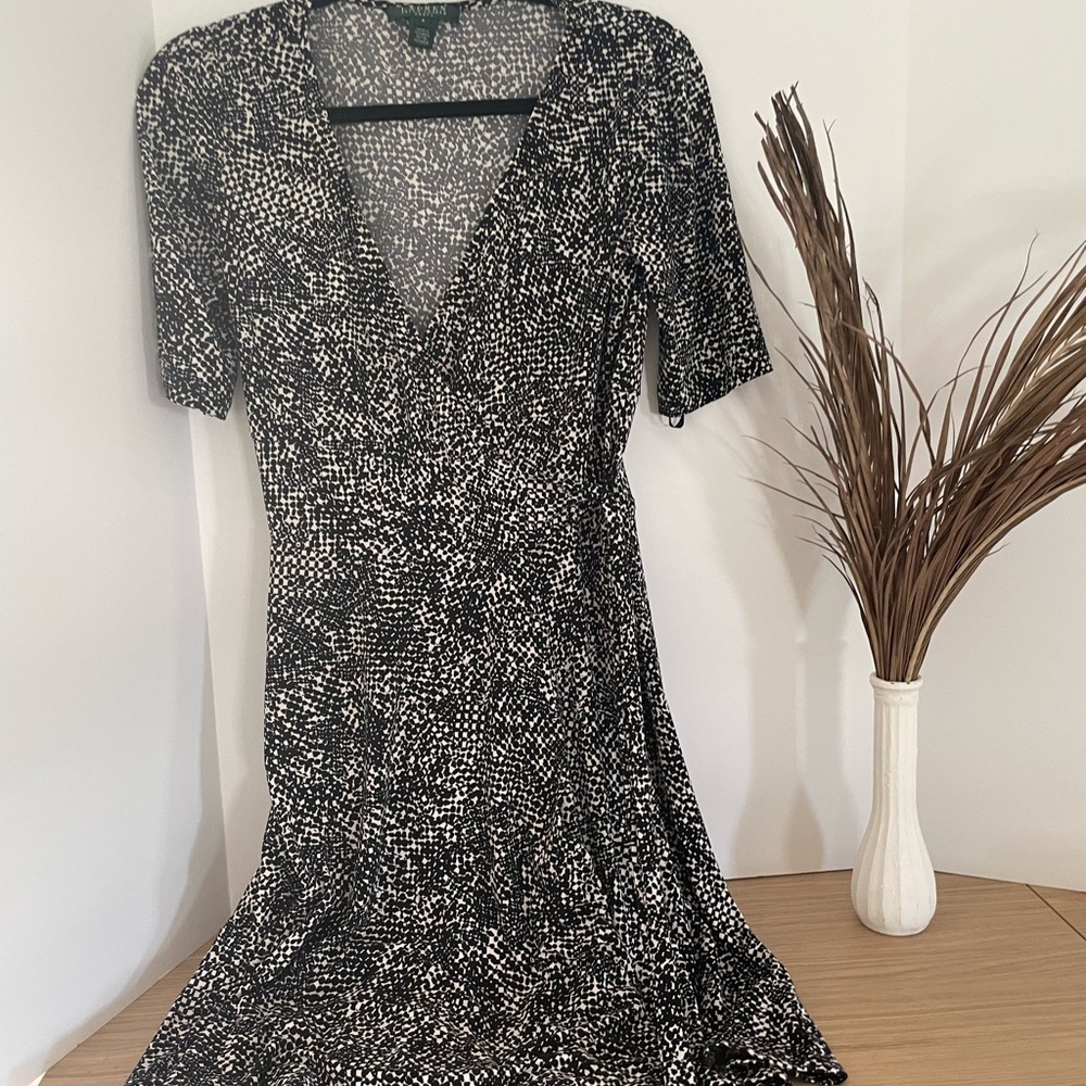 Lauren Ralph Loren Wrap Dress Black & White Stretch V-Neck Short Sleeves